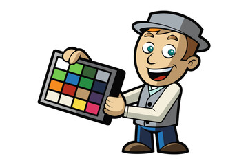 Enthusiastic cartoon man in hat and vest displays color palette swatches for design inspiration