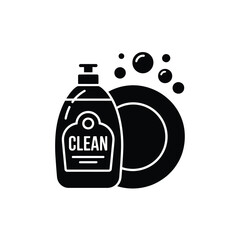 Dish soap bottle with bubbles and clean plate illustration