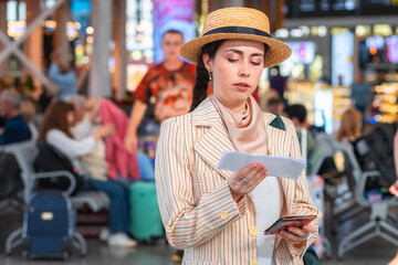 Mid shot of Caucasian young woman in a jacket checks her flight ticket. Blurred departure lounge in the background. Concept of travel