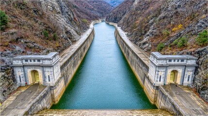 Fototapeta premium Scenic Aerial View of Water Reservoir Surrounded by Rocky Mountains and Calm Waters in Autumn Landscape