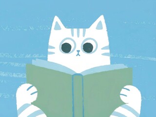 Cute cartoon cat focused on reading, white-striped fur, isolated on a clean white background.
