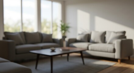 Blurred interior of light living room with grey sofas - Elegant Modern Architecture