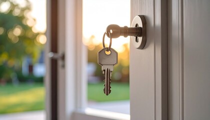 A key hangs in the lock of an open white door, illustrating homeownership and security with a warm, welcoming background.