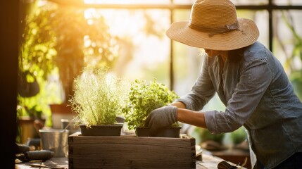 A gardener in a sunhat carefully tends to potted plants in a wooden planter box, surrounded by warm sunlight filtering through greenhouse glass.