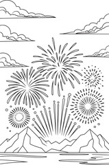 Scenic Mountain Landscape with Fireworks Display Black and White Vector Illustration for Celebrations and Coloring, Mountain Fireworks Night, Fireworks Over Mountains, new year firework