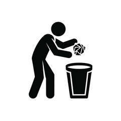 Stick figure throwing crumpled paper into trash can waste disposal