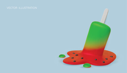 Realistic vector illustration of a melting watermelon popsicle with seeds on a light blue background.