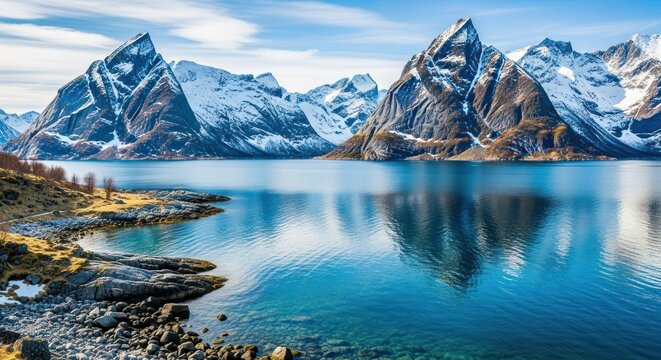 Snowy peaks reflect on tranquil fjord - Powered by Adobe
