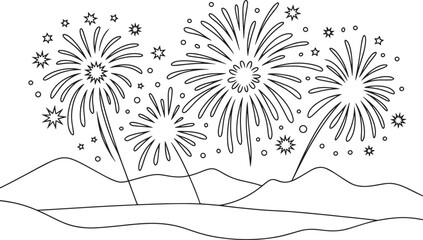 Scenic Mountain Landscape with Fireworks Display Black and White Vector Illustration for Celebrations and Coloring, Mountain Fireworks Night, Fireworks Over Mountains, new year firework