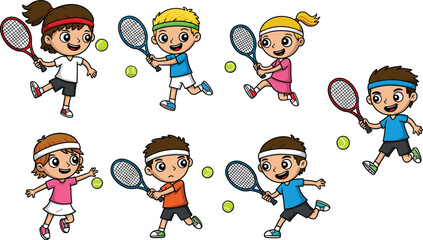 Collection of Cute Cartoon Kids Playing Tennis in Various Action Poses with Racquets and Balls, Promoting Youth Sports and Healthy Activity