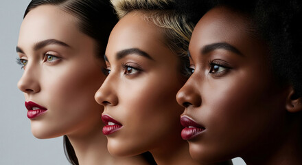 Close-up profile view of three women with diverse skin tones, showcasing flawless skin and red lipstick, representing beauty diversity and inclusivity