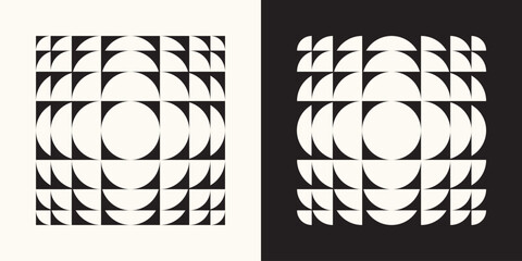 Set of two geometric dynamic square formed by circles with refraction and distortion effect. Abstract design for poster, brochure, banner, promotional and print. Trendy vector illustration 