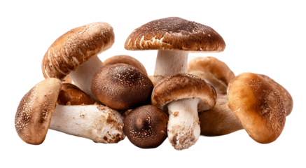A pile of shiitake mushrooms with brown caps and white stems  isolated on transparent background
