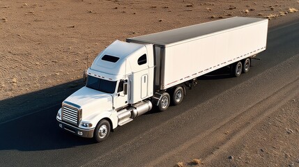 Aerial View of a White Semi-Truck on a Desert Highway with Clear Blue Sky