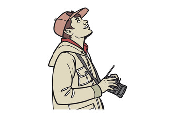 A young man wearing a baseball cap and jacket looks upwards with a camera capturing a moment of curiosity and exploration