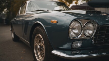 Classic elegance of a restored teal blue vintage sports car head on perspective