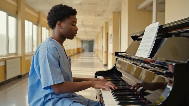 Patient playing the Piano in the hospital.