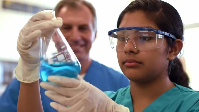 indian high school student in science class in science class carefully puts on lab goggles, holds flusk with blue chemicals and looks at it, under teacher's supervision. eye injury prevention month.