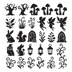Whimsical forest creatures fairies mushrooms doors lanterns vector