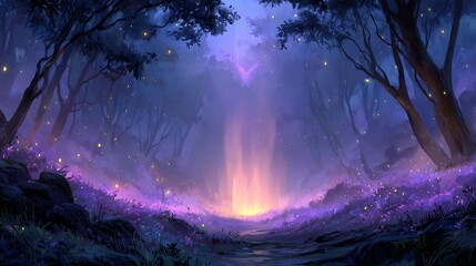 Enchanting forest digital art with a magical ambiance and glowing lights and flowers