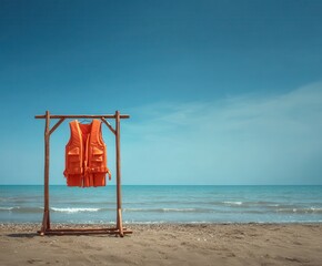 a bright orange life jacket hanging on a simple wooden stand placed in the sand on a beach