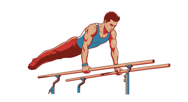 Male Gymnast Performing on Parallel Bars with Red Pants and Blue Shirt.