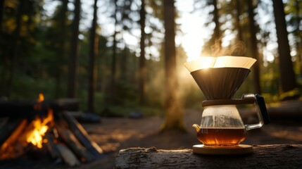 Forest camping coffee moment, cozy atmosphere with hand drip coffee setup on log, soft sunlight filtering through trees