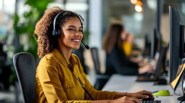 Friendly call center staff in professional attire, responding to inbound and outbound calls, collaborative workspace