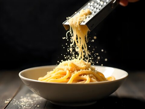 Grating fresh cheese onto a delicious bowl of spaghetti pasta on a dark rustic wooden table
