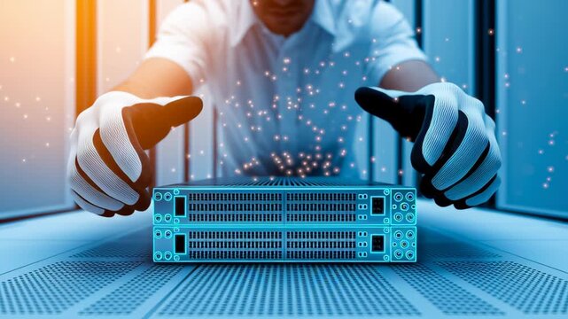 Person in Gloves Interacts with Glowing Server in Data Center, Highlighting Technology, Innovation, and Precision in Futuristic Digital Environment