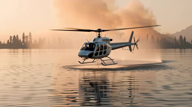 Helicopter Hovers Over Lake at Sunset, Creating Ripples on Water Surface Amidst Forest Fire Smoke and Trees in Background