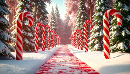 Candy cane pathway through snowy forest