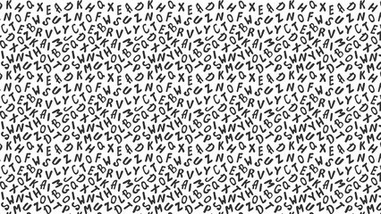 Monochrome background featuring a chaotic arrangement of random letters scattered across the surface