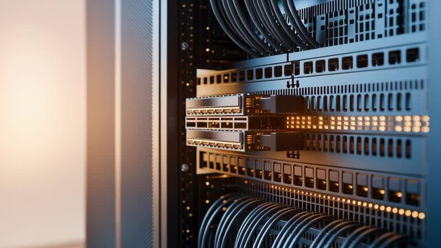 Technician Wearing Gloves Connecting Network Cables and Installing Hard Drives in Server Rack for Data Center Maintenance and Secure Data Storage