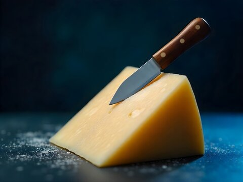 Gourmet wedge of hard yellow cheese with a rustic wooden knife on a dark dramatic background