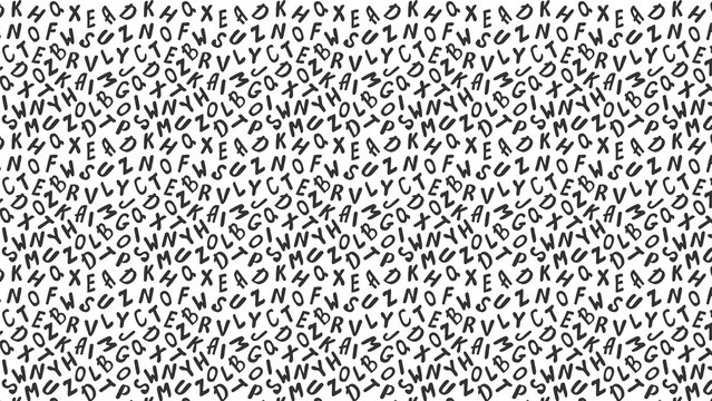 Monochrome background featuring a chaotic arrangement of random letters scattered across the surface