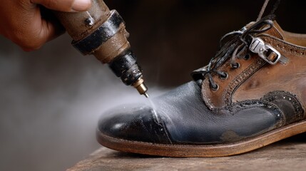 Detailed Close-Up of a Craftsman Repairing a Shoe with Professional Tool in a Traditional Workshop Setting