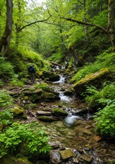Obraz premium Hikers Traverse Lush Forest Stream