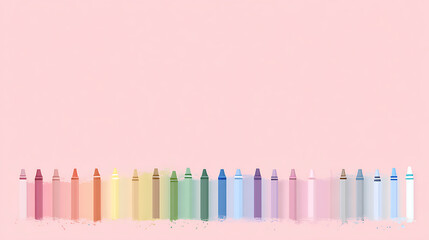 Light Pink Background With Crayon Line Art Row At Bottom, Simple Back To School