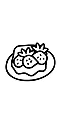 Minimilist illustration of a plate with a pastry and three strawberries in black and white outline drawing style vector