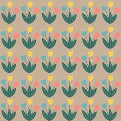 A charming seamless pattern of simple Scandinavian style tulips in pastel yellow, blue, and pink for a cheerful spring design