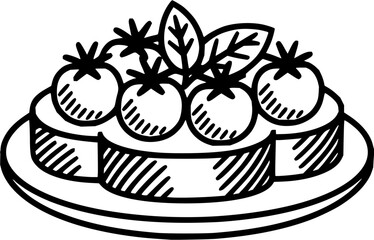 Minimilist illustration of a plate with sliced bread topped with tomatoes and basil leaves in black and white vector