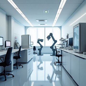 Futuristic Biomedical Research Laboratory with Robotic Automation