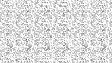 Seamless pattern with school supplies and education elements in black and white color