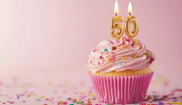 Golden number candles 50 burn brightly atop festive cupcake. Pink frosting swirled high, adorned with colorful sprinkles. Perfect for 50th birthday or anniversary celebration - Powered by Adobe