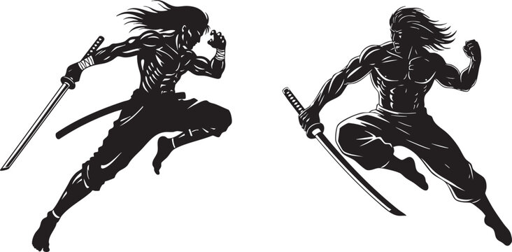 Samurai Warriors in Combat Pose &ndash; Ninja Sword Fighters Silhouette Vector