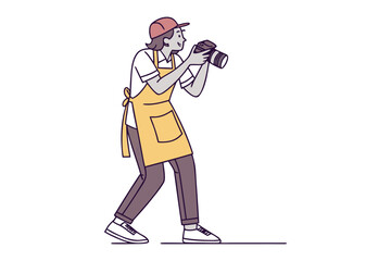 A person wearing an apron and baseball cap captures a moment with a professional camera in a stylized line drawing