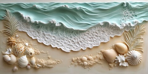Textured seascape with palm leaves and seashells embellishments