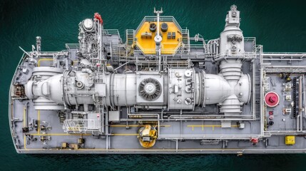 Top View of Industrial Ship with Advanced Machinery and Equipment in the Ocean