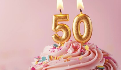 Golden number candles 50 burn brightly atop festive cupcake. Pink frosting swirled high, adorned with colorful sprinkles. Perfect for 50th birthday or anniversary celebration